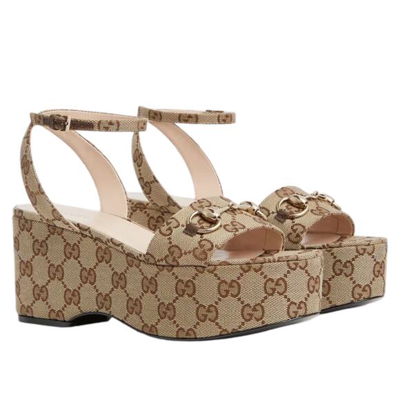 Gucci Beige Monogram Platform Sandals - Picture 2 of 15
